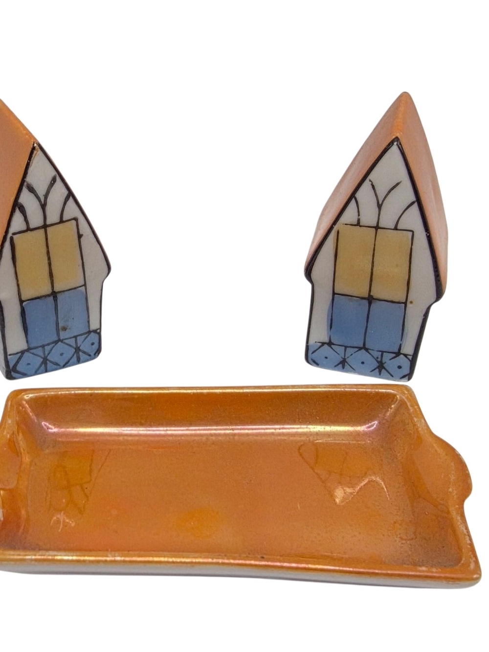 Vintage Chikaramachi Japan Lusterware House Salt and Pepper Shakers Set w/ Tray
